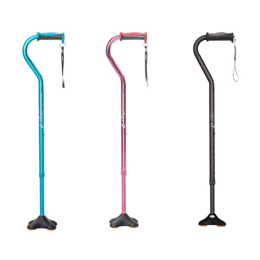 The Drive Airgo Comfort-Plus Cane with MiniQuad Ultra-stable Tip is shown in blue, pink, and black, each featuring an ergonomic handle, wrist strap, and wide MiniQuad base, standing upright against a white background.